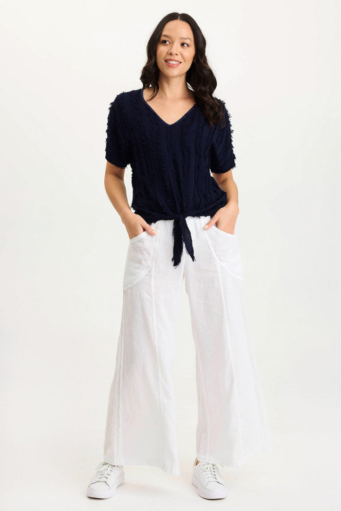 XCVI Curine Stripe Voile/Jersey Knotted V-Neck Top