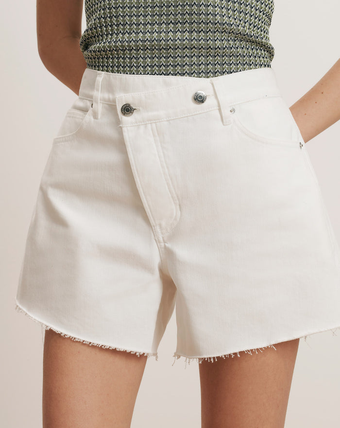 Veronica Beard Ellis Crossover-Waistband Denim Short - White