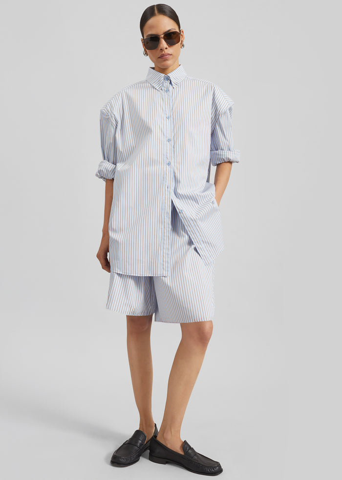 Elyn Cotton Bermuda Shorts - Light Blue/Brown Stripe