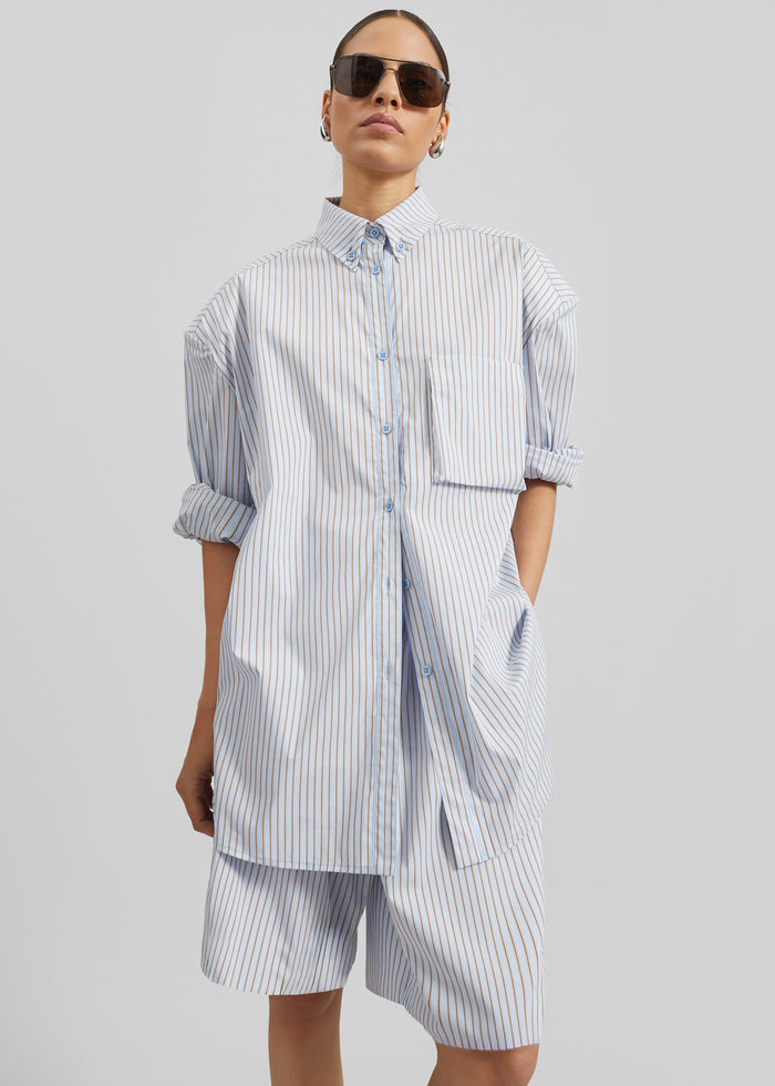 Elyn Cotton Bermuda Shorts - Light Blue/Brown Stripe