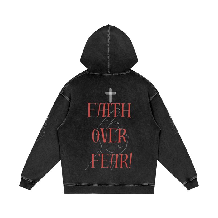 Faith over Fear-Snow Washed Loose Cotton Hoodie