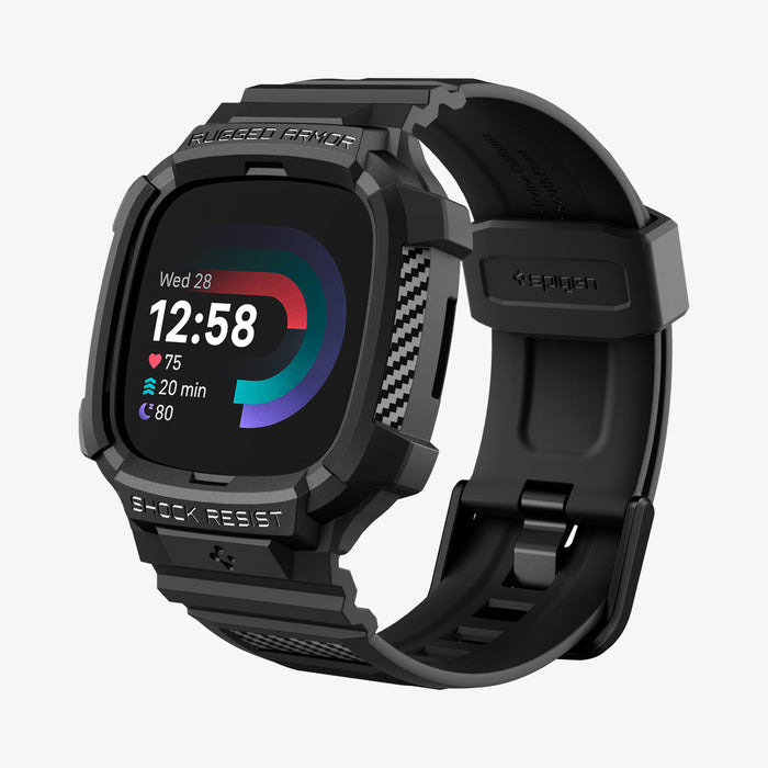 ACS05296 - Fitbit Versa 4 Band Rugged Armor Pro in black showing the front and partial inside of band