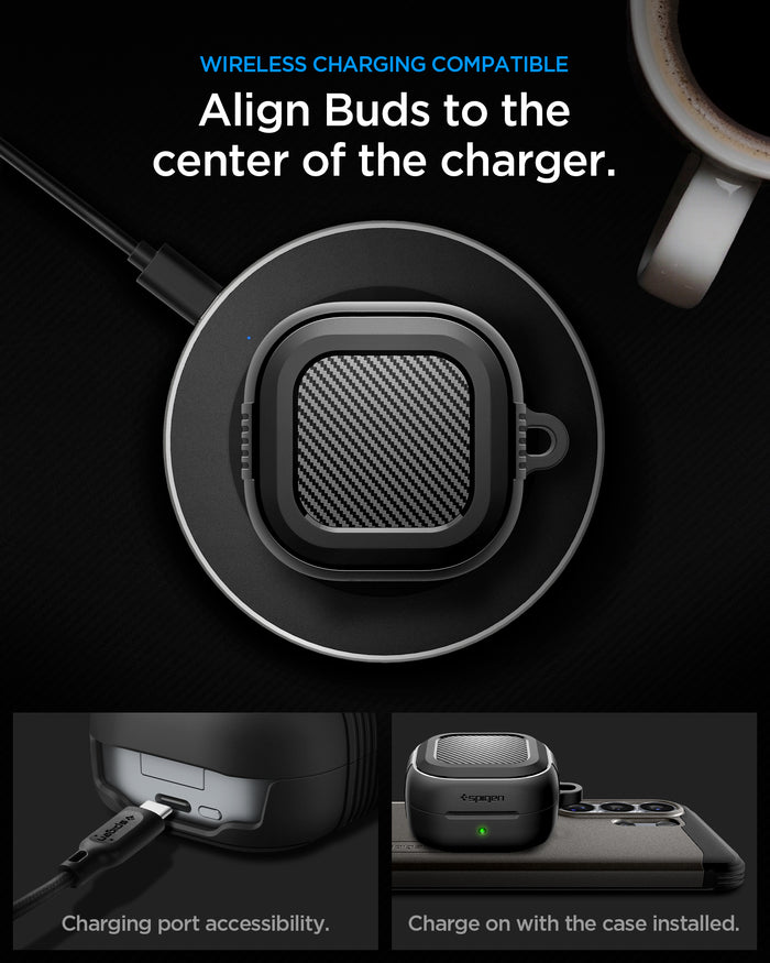 ACS11200 - Galaxy Buds 4 Series Rugged Armor in Matte Black showing wireless charging compatible. align buds to the center of the charger