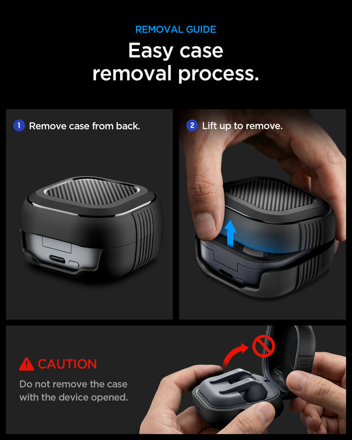 ACS11200 - Galaxy Buds 4 Series Rugged Armor in Matte Black showing removal guide. easy case removal process