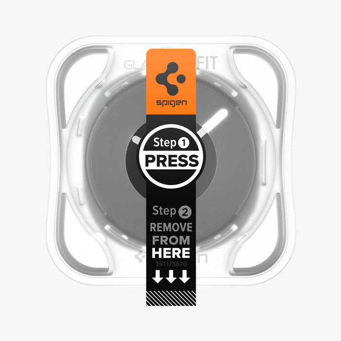 AGL09874 - Galaxy Watch 9 (40mm) GLAS.tR EZ Fit showing top-down view of Galaxy Watch 9 (40mm) EZ Fit applicator tray with Step 1 Press and Step 2 Remove instructions