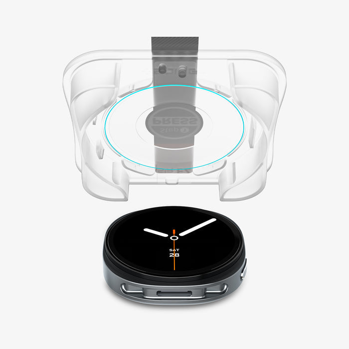 AGL09874 - Galaxy Watch 9 (40mm) GLAS.tR EZ Fit showing Galaxy Watch 9 (40mm) EZ Fit applicator tray aligned above the watch, showing alignment ring and mirrored steps