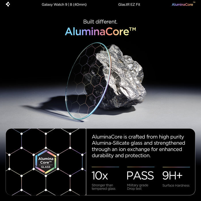 AGL09874 - Galaxy Watch 9 (40mm) GLAS.tR EZ Fit showing the AluminaCore glass compared to a rock, highlighting its hardness and durability