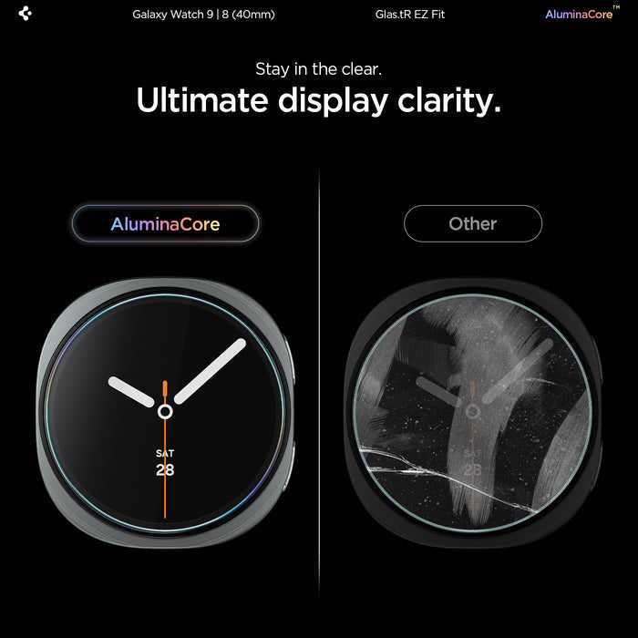 AGL09874 - Galaxy Watch 9 (40mm) GLAS.tR EZ Fit showing a side-by-side comparison of the glass's clarity against a cracked watch face