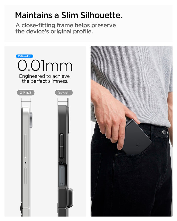 ACS11511 - Galaxy Z Flip 8 Series - Air Fit Pro (Mag Fit) showing the "Maintains a Slim Silhouette" graphic, comparing the side profile thickness of the bare Galaxy Z Flip 8 and the Spigen-cased version at 0.01mm difference