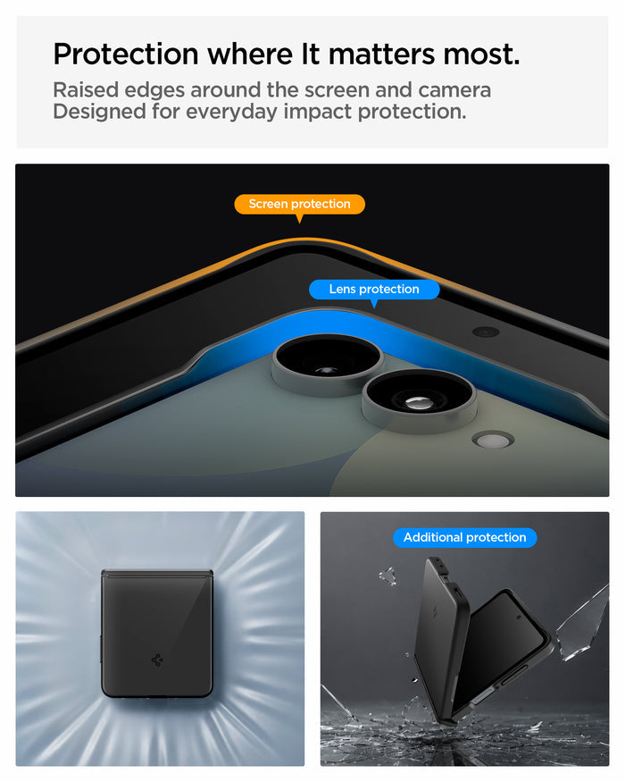 ACS11511 - Galaxy Z Flip 8 Series - Air Fit Pro (Mag Fit) showing the "Protection where It matters most" graphic, highlighting raised screen and lens protection edges, alongside images of the case's shock-dispersing design and a phone falling near broken glass.