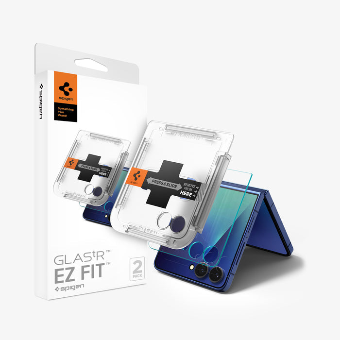 AGL09582 - Galaxy Z Flip 8 Series - GLAS.tR EZ Fit showing the GLAS.tR EZ Fit 2-pack retail box alongside the Galaxy Z Flip 8 camera lens protector, the EZ Fit installation tray, and the phone in Blue.