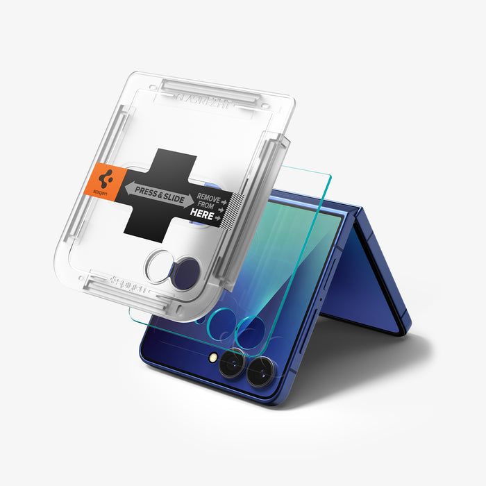 AGL09582 - Galaxy Z Flip 8 Series - GLAS.tR EZ Fit showing an angled view of the EZ Fit installation tray positioned above the Galaxy Z Flip 8 in Blue, aligned with the camera cutout.