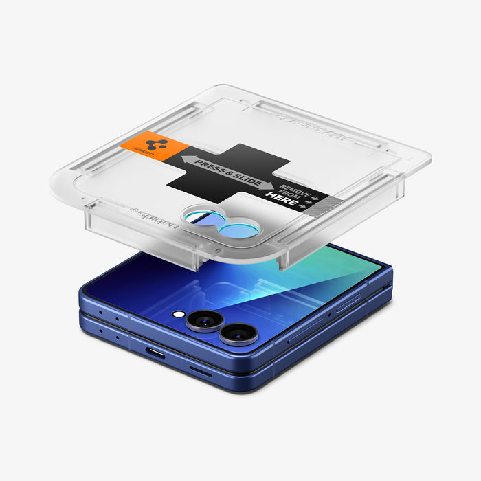 AGL09582 - Galaxy Z Flip 8 Series - GLAS.tR EZ Fit showing an exploded view of the EZ Fit installation tray above the Galaxy Z Flip 8's rear camera module.