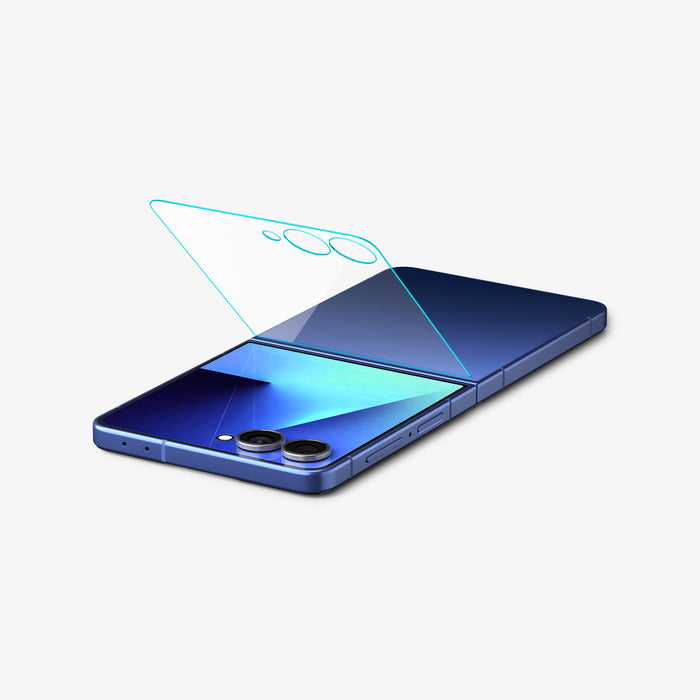 AGL09582 - Galaxy Z Flip 8 Series - GLAS.tR EZ Fit showing an exploded view of the tempered glass lens protector aligning above the Galaxy Z Flip 8's dual camera lenses.