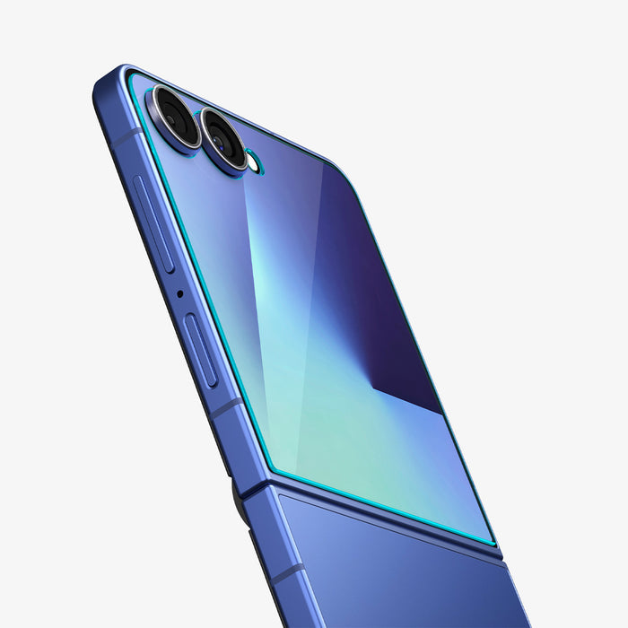 AGL09582 - Galaxy Z Flip 8 Series - GLAS.tR EZ Fit showing a close-up angled view of the tempered glass protector applied over the Galaxy Z Flip 8's camera lenses.