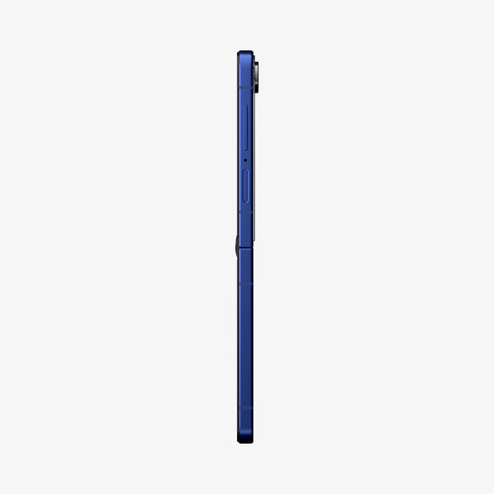 AGL09582 - Galaxy Z Flip 8 Series - GLAS.tR EZ Fit showing the side profile of the Galaxy Z Flip 8 in Blue with the tempered glass camera protector installed.