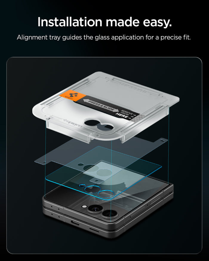 AGL09582 - Galaxy Z Flip 8 Series - GLAS.tR EZ Fit showing an exploded diagram of the alignment tray guiding glass installation onto the Galaxy Z Flip 8