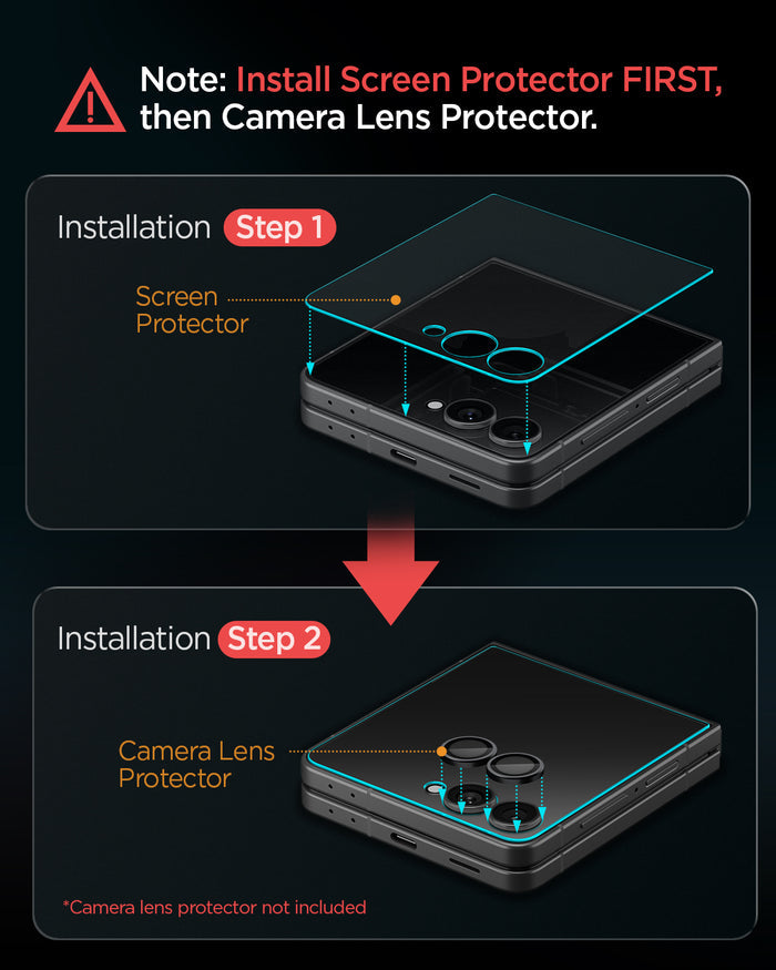 AGL09582 - Galaxy Z Flip 8 Series - GLAS.tR EZ Fit showing step-by-step instructions for applying the screen protector and camera lens protector