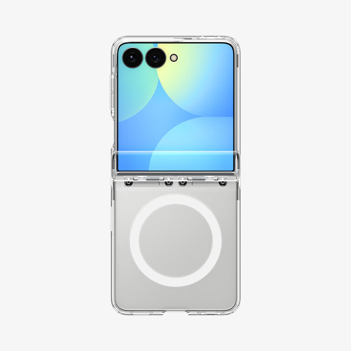 ACS11515 - Galaxy Z Flip 8 Series - Ultra Hybrid Pro (Mag Fit) showing the Ultra Hybrid Pro MagFit case on the Galaxy Z Flip 8 in Clear, front view folded on white background with a magnetic ring circle on the rear panel.