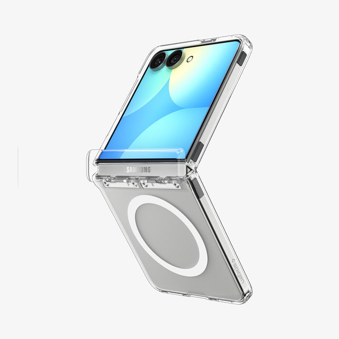 ACS11515 - Galaxy Z Flip 8 Series - Ultra Hybrid Pro (Mag Fit) showing an angled close-up of the case's interior with the magnetic ring circle and patent, "Semi-Auto Sliding Tech" labeling visible.