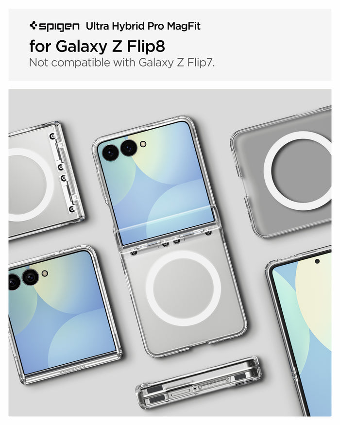 ACS11515 - Galaxy Z Flip 8 Series - Ultra Hybrid Pro (Mag Fit) showing a clear case laid out with the Galaxy Z Flip 8, showing camera cutouts and MagSafe ring