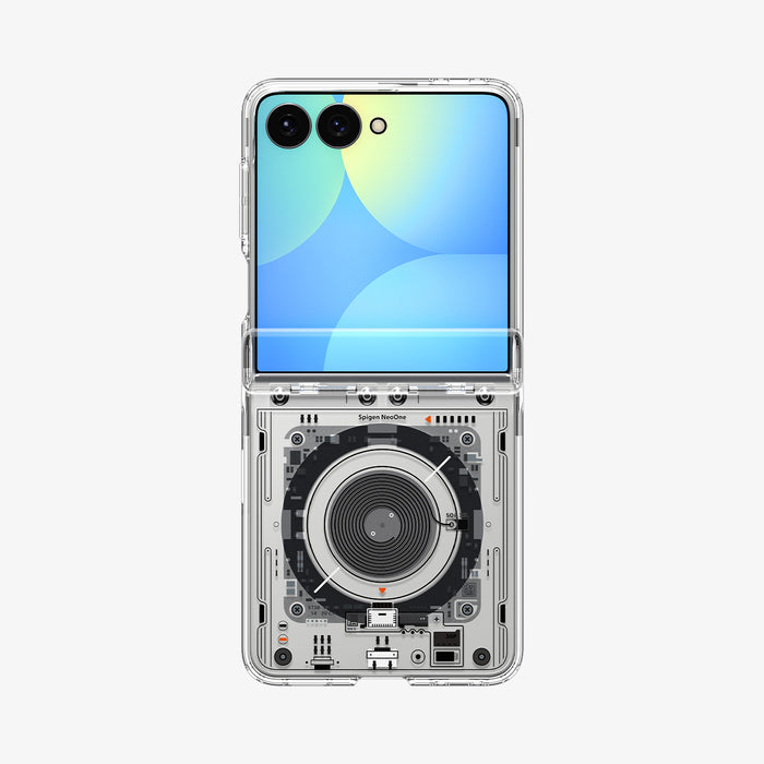 ACS11516 - Galaxy Z Flip 8 Series - Ultra Hybrid Pro Neo One (Mag Fit) showing the Ultra Hybrid Pro Neo One MagFit case on the Galaxy Z Flip 8 in Clear, front view folded on white background with a circuit board graphic print and "Spigen NeoOne" text on the rear panel.
