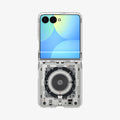 ACS11516 - Galaxy Z Flip 8 Series - Ultra Hybrid Pro Neo One (Mag Fit) showing the Ultra Hybrid Pro Neo One MagFit case on the Galaxy Z Flip 8 in Clear, front view folded on white background with a circuit board graphic print and "Spigen NeoOne" text on the rear panel.