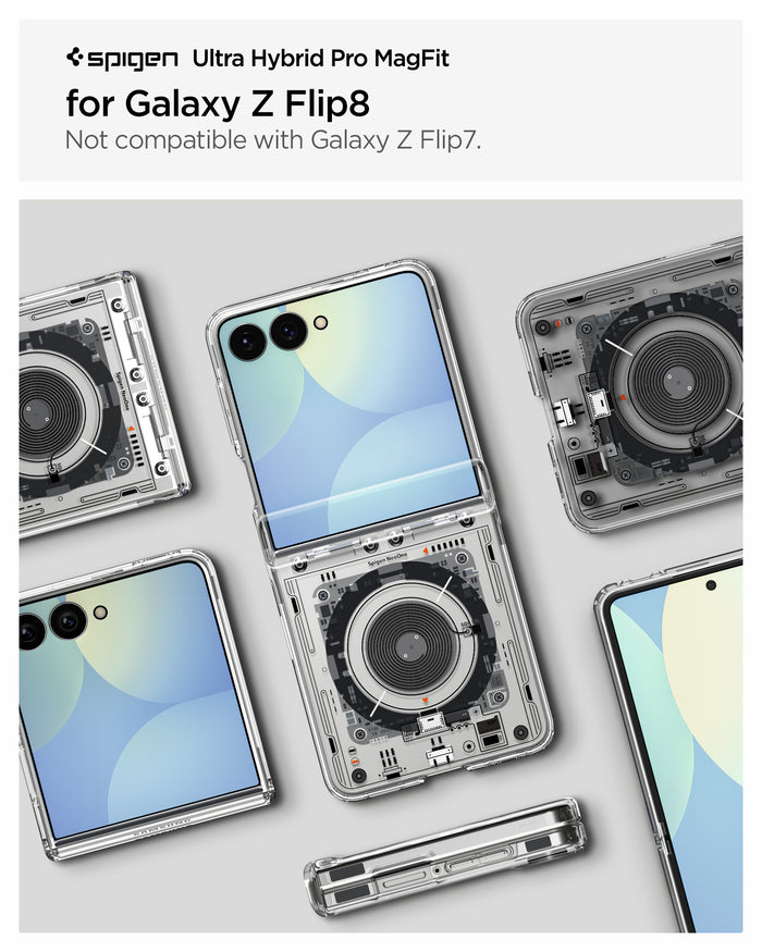 ACS11516 - Galaxy Z Flip 8 Series - Ultra Hybrid Pro Neo One (Mag Fit) showing cases with teardown-style prints laid out around the Galaxy Z Flip 8