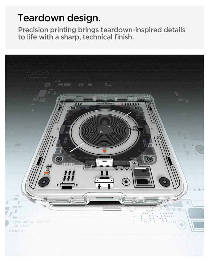 ACS11516 - Galaxy Z Flip 8 Series - Ultra Hybrid Pro Neo One (Mag Fit) showing a close-up of the case's teardown-inspired print design