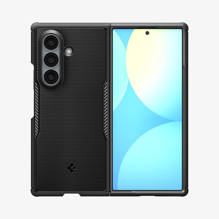 ACS11797 - Galaxy Z Fold 8 Ultra Core Armor (Mag Fit) Matte Black showing the Galaxy Z Fold 8 Ultra with the Core Armor MagFit case in Matte Black, back view folded open with the textured panel, carbon fiber accents, and Spigen logo.