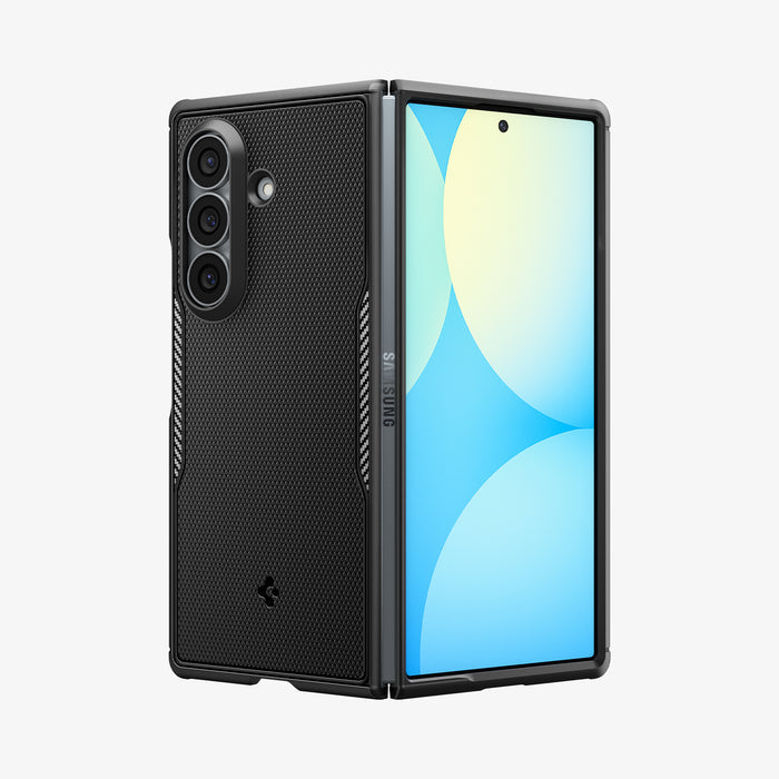 ACS11797 - Galaxy Z Fold 8 Ultra Core Armor (Mag Fit) Matte Black showing an angled back view of the Galaxy Z Fold 8 Ultra with the Core Armor MagFit case, folded open with the "SAMSUNG" text visible on the hinge bar.