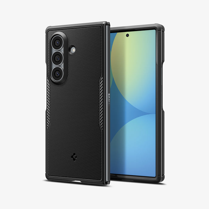 ACS11797 - Galaxy Z Fold 8 Ultra Core Armor (Mag Fit) Matte Black showing an angled view of the Galaxy Z Fold 8 Ultra with the Core Armor MagFit case, folded open with the "SAMSUNG" text visible on the hinge bar.