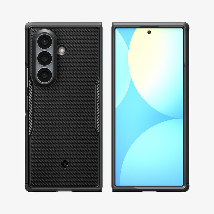 ACS11797 - Galaxy Z Fold 8 Ultra Core Armor (Mag Fit) Matte Black showing a front view of the Galaxy Z Fold 8 Ultra with the Core Armor MagFit case, folded closed with the textured back panel and camera cutout, screen displaying a blue and yellow gradient.