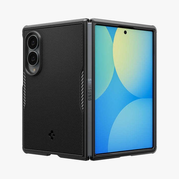 ACS11799 - Galaxy Z Fold 8 Core Armor (Mag Fit) Matte Black showing an angled front view of the Galaxy Z Fold 8 with the Core Armor MagFit case, folded open with the "SAMSUNG" text visible on the hinge bar and screen displaying a blue and yellow gradient.