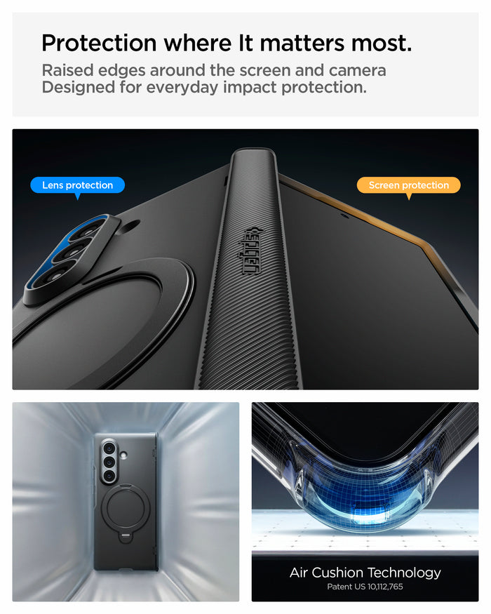 ACS11778 - Galaxy Z Fold 8 Ultra Slim Armor Pro S (Mag Fit) Black showing the "Protection where It matters most" graphic, highlighting lens and screen protection edges, alongside a close-up of the ring stand's camera cutout and the "Air Cushion Technology" corner impact