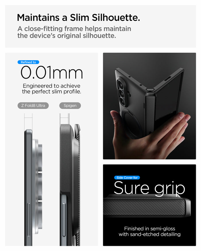 ACS11778 - Galaxy Z Fold 8 Ultra Slim Armor Pro S (Mag Fit) Black showing the "Maintains a Slim Silhouette" graphic, comparing the side profile thickness of the bare Galaxy Z Fold 8 Ultra and the Spigen-cased version at 0.01mm difference, alongside a hand holding the folded case