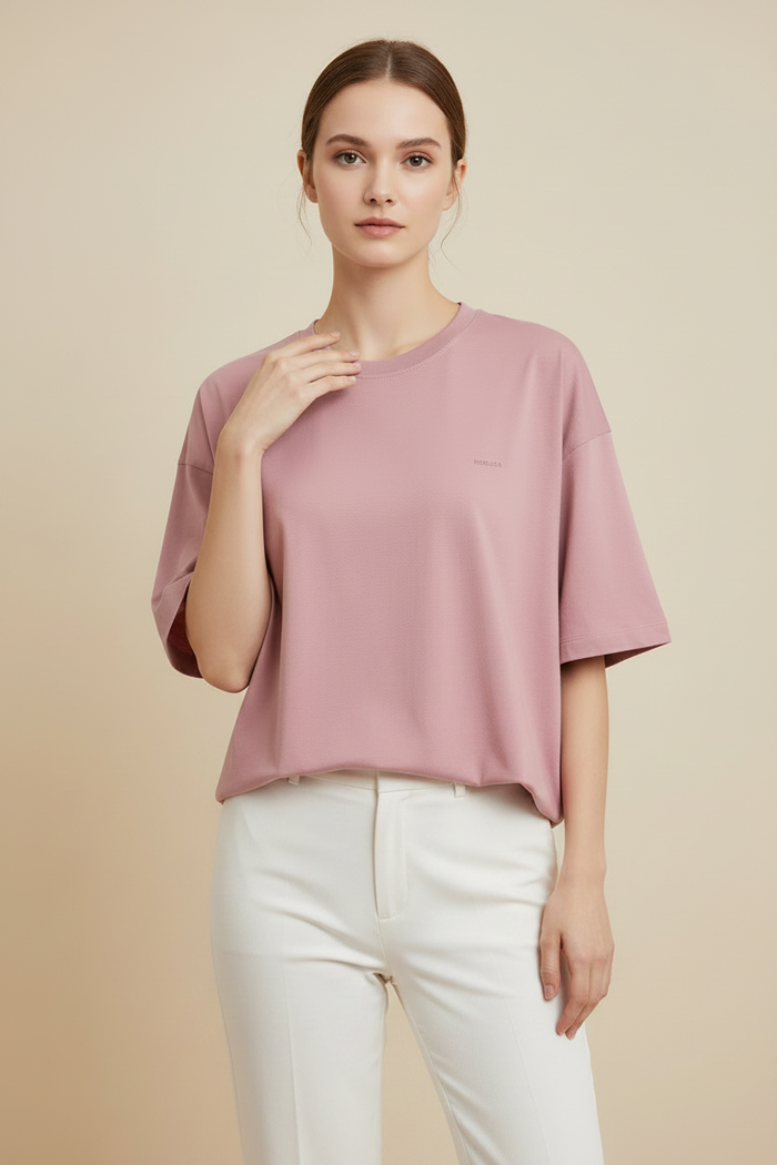 Female model front view shorter Gentle Growth tee
