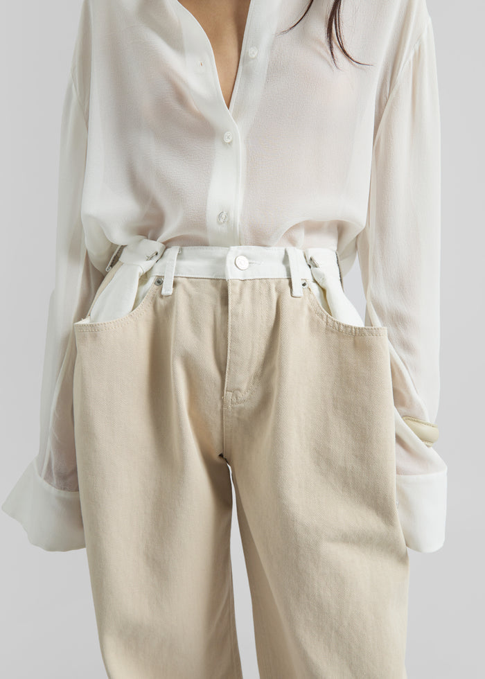 Hayla Contrast Denim Pants - Beige/Off White