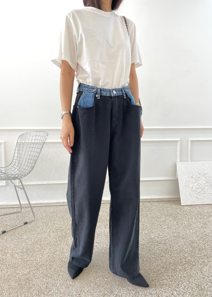 Hayla Contrast Denim Pants - Black