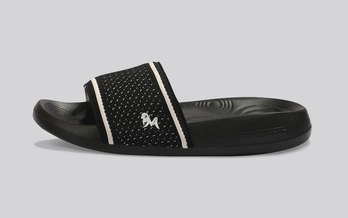 High Sprout Knitro Slides For Women : Black knit slides casual fit black cushioned sole everyday wear side view