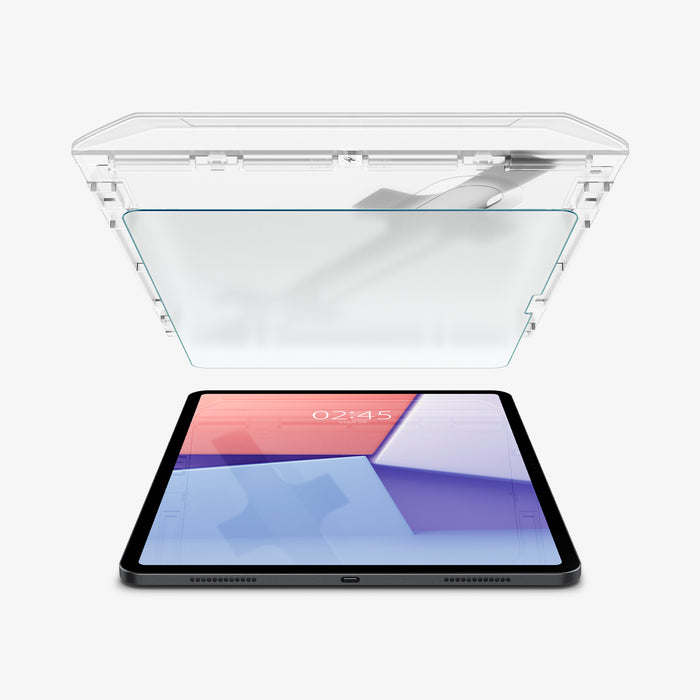 AGL07804 - iPad Air 12.9-inch Paper Touch EZ Fit in Clear showing the ez fit tray and screen protector hovering above the device