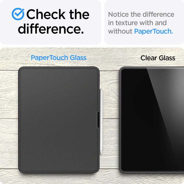 AGL07804 - iPad Air 12.9-inch Paper Touch EZ Fit in Clear showing checking the difference. Notice the difference in texture with and without PaperTouch
