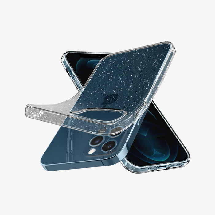 ACS01614 - iPhone 12 Pro Max Case Liquid Crystal Glitter in crystal quartz showing the back, front and sides with case bending away from device