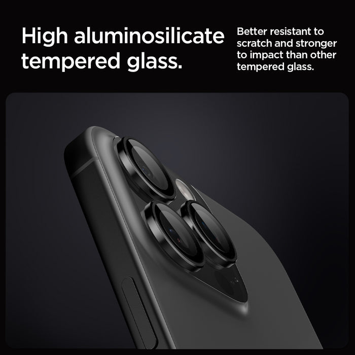 AGL05205 - iPhone 16 Pro / 16 Pro Max Optik Pro Lens Protector in black showing the high aluminosilicate tempered glass. Better resistant to scratch and stronger to impact than other tempered glass