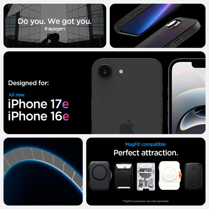 ACS09151 - iPhone 17e Case Liquid Air (MagFit) showing iPhone 17e and iPhone 16e compatibility and compatibility with Mag Fit. with Mag fit accessories showcases of Mag Fit wallets and chargers but Mag fit accessories are sold separately.