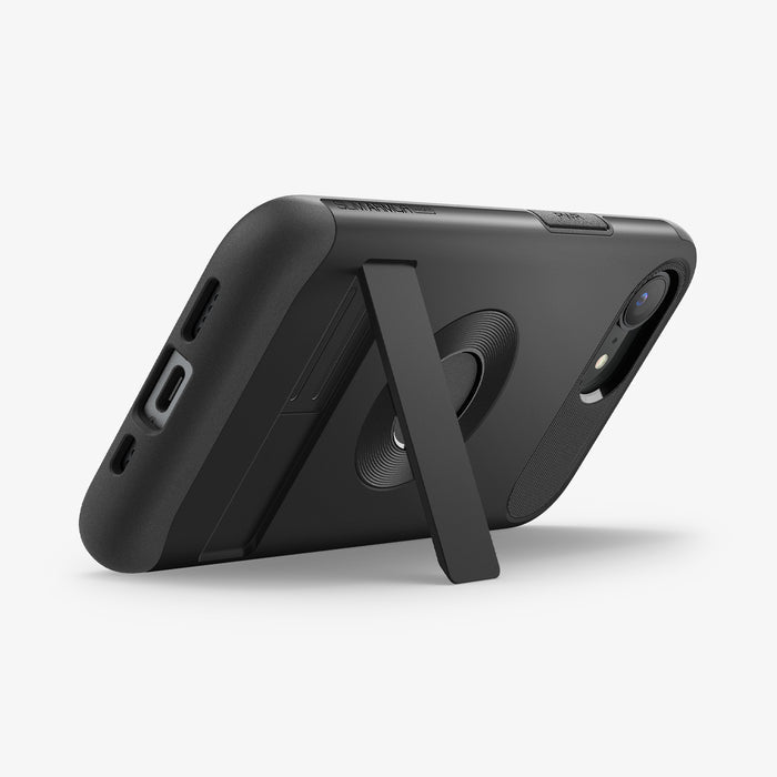 ACS09129 - iPhone 17e Case Slim Armor (MagFit) in Black showing the back, partial side and bottom propped up with the built-in kickstand
