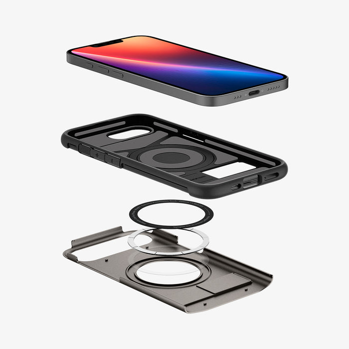 ACS09130 - iPhone 17e Case Slim Armor (MagFit) in Gunmetal showing the device hovering above the first layer case, detached metal ring parts and back cover case