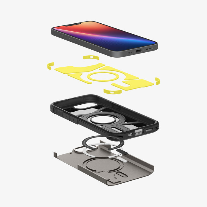 ACS09136 - iPhone 17e Case Tough Armor AI (MagFit) in Gunmetal showing the device hovering above the detached impact foam, frame, metal ring and the back layer of the case