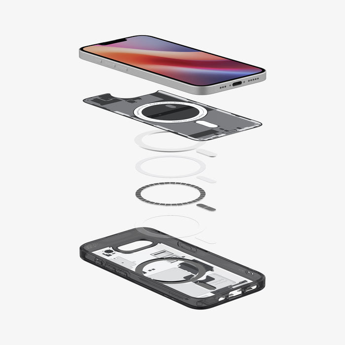 ACS09141 - iPhone 17e Case Ultra Hybrid Zero One (MagFit) in Zero One showing the device hovering above the detached inner layer, metal ring parts and the case