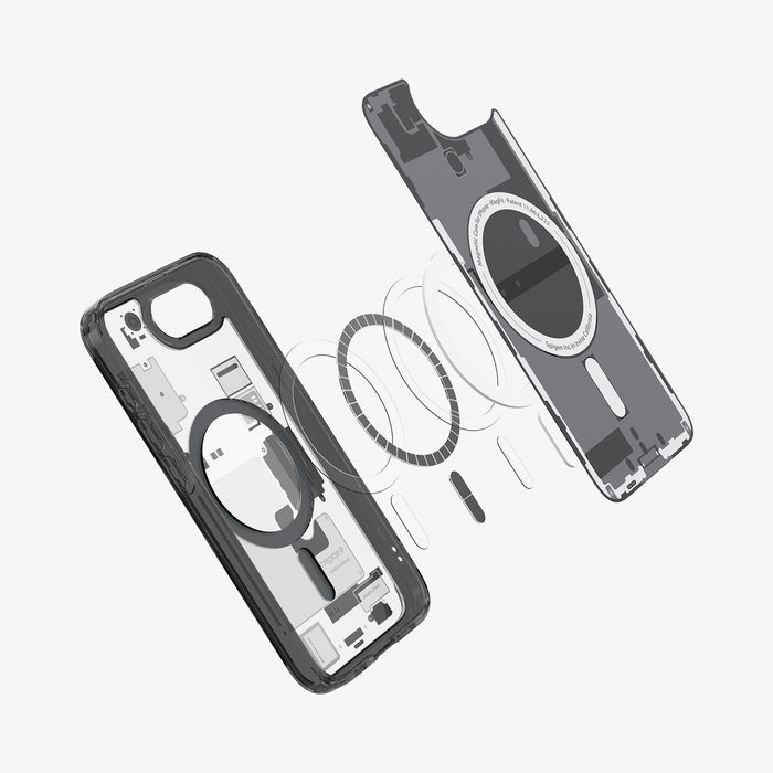 ACS09141 - iPhone 17e Case Ultra Hybrid Zero One (MagFit) in Zero One showing the inner layer hovering in front of the detached metal ring and the case